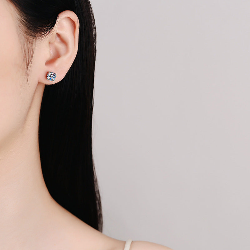 Classic Four Claw Moissanite Stud Simple And Stylish Sterling Silver GoldPlated Earrings