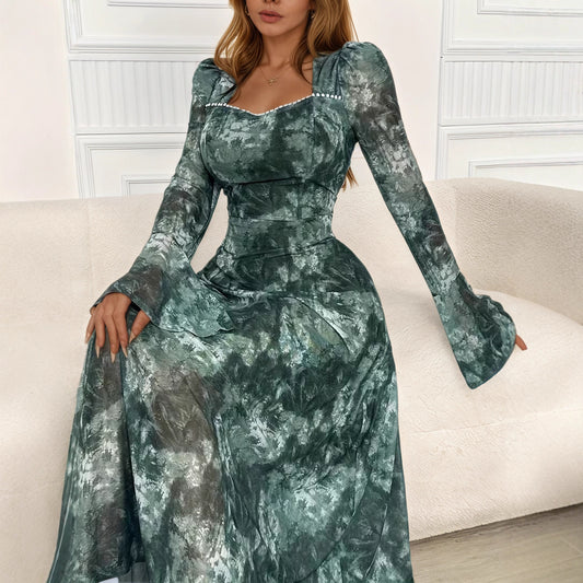 Elegant Square-neck Long-sleeve Tie-dye Printed Dress