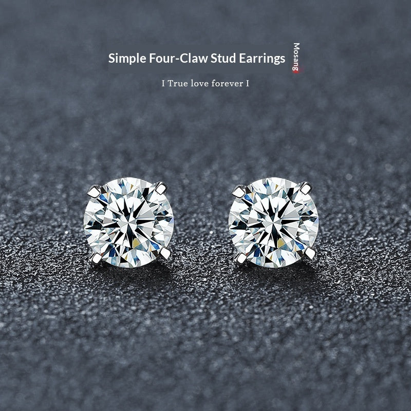Classic Four Claw Moissanite Stud Simple And Stylish Sterling Silver GoldPlated Earrings
