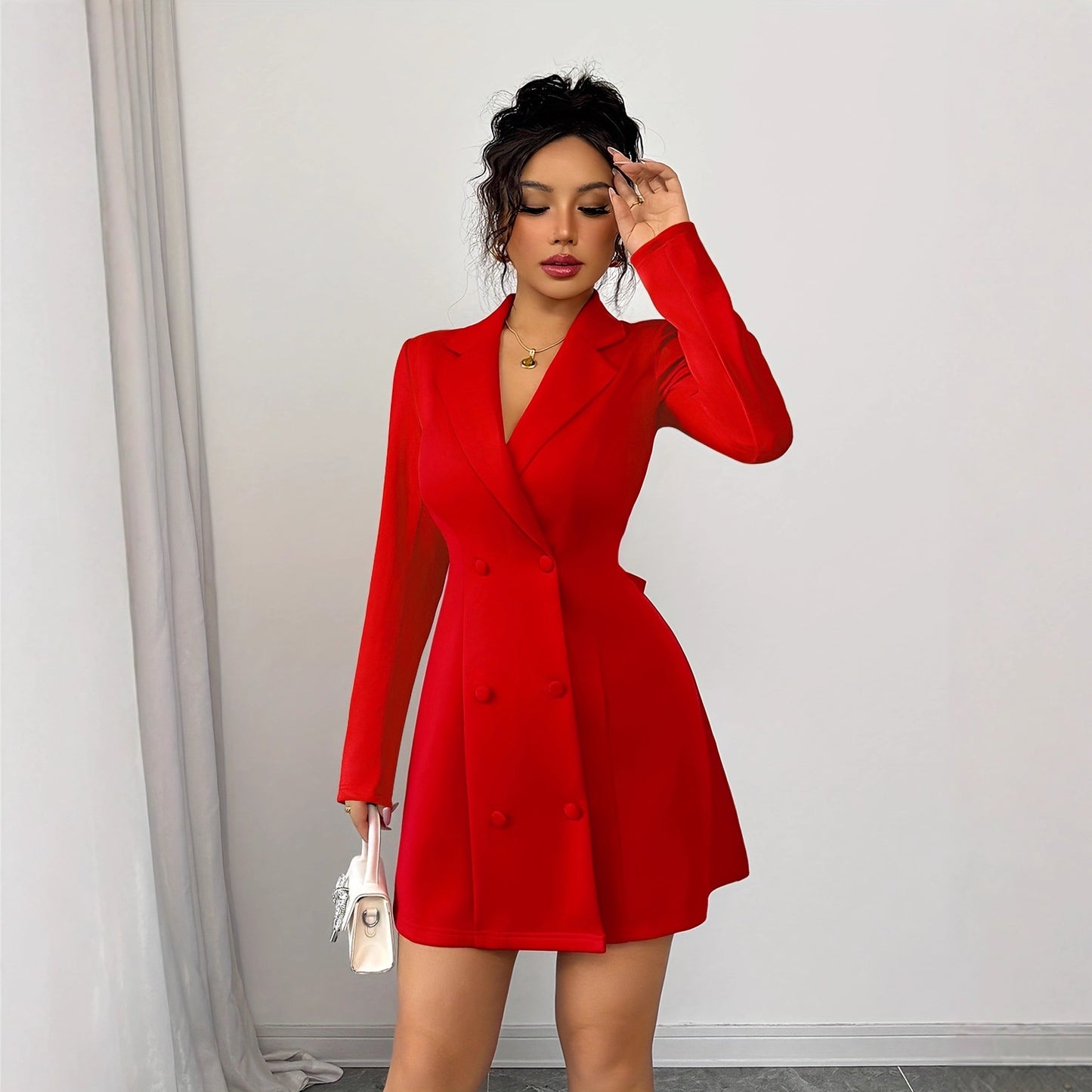 Elegant Double-Breasted V-Neck Backless Long-Sleeve Dress With A Big Bow