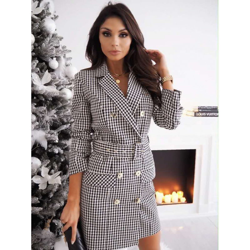 Colorful Autumn Winter Long-Sleeve Belted Coat Dress