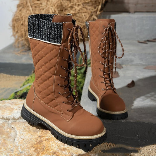 Check The Color-matched Front-lace-up Thick-heeled Martin Boots