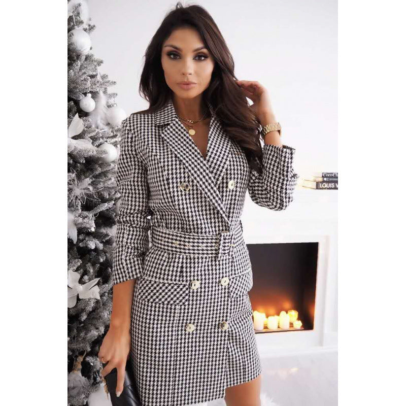 Colorful Autumn Winter Long-Sleeve Belted Coat Dress